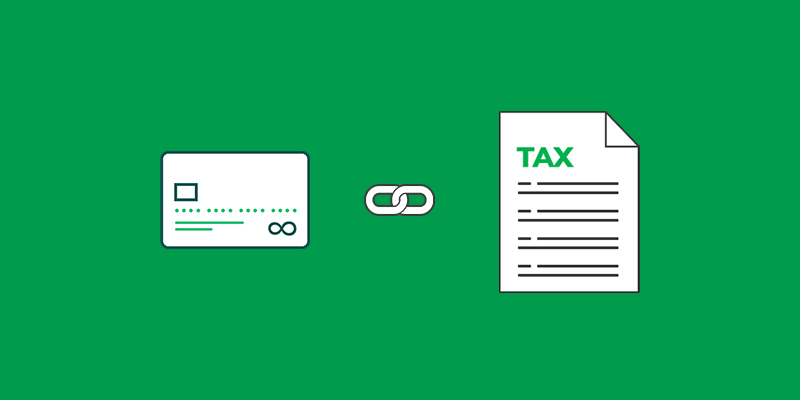 Green background with an illustration of a credit card and tax document
